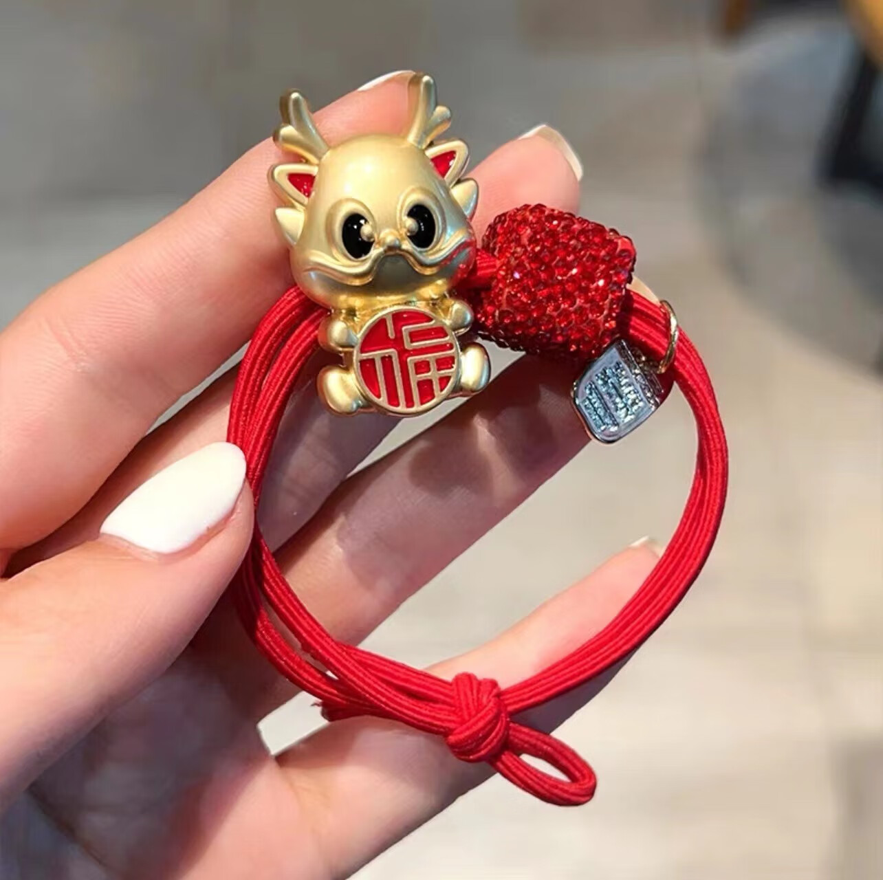 京营喜庆红头绳2024新年红发绳龙年皮筋扎头发圈龙头皮套女 红色福龙