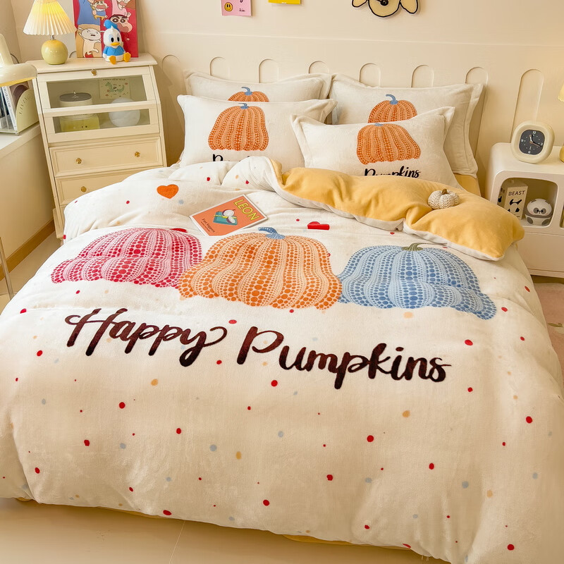 流川枫 A类加厚秋冬保暖大版牛奶绒床单四件套冬季被套床单套件 南瓜派-SYF 1.8床 床单款 (被套200*230cm) 套件