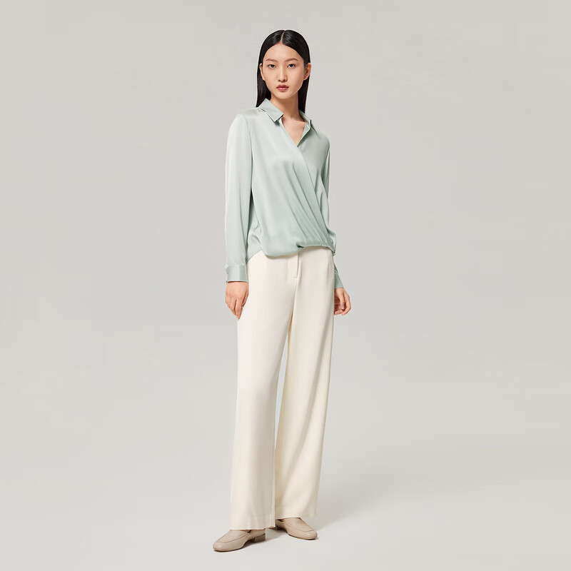 OVV【重磅真丝】OVV2022秋冬新款女装22姆米弹力双乔翻领长袖衬衫 浅绿A8 XS