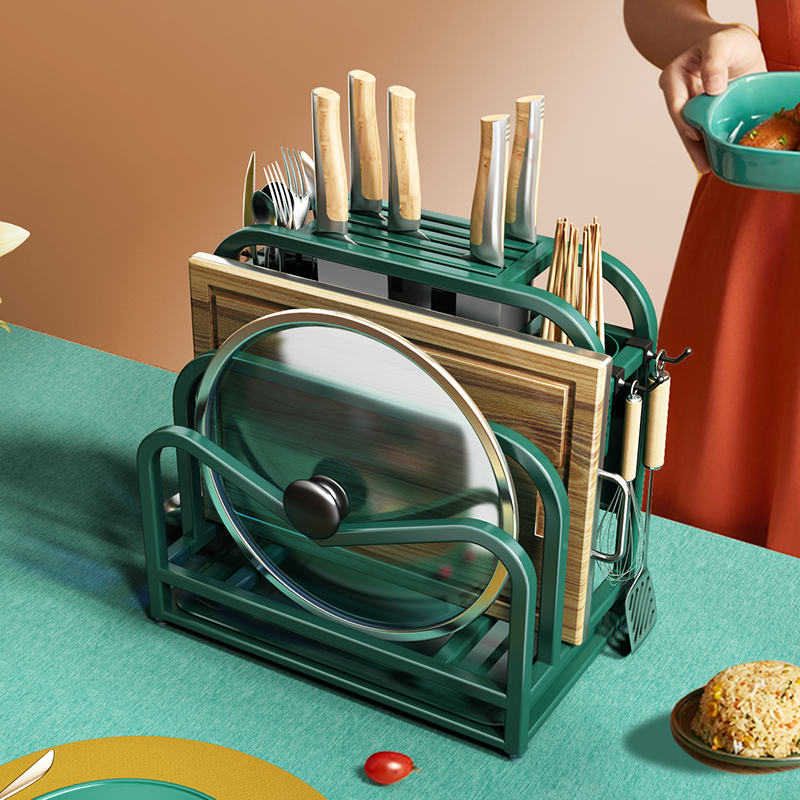 帅仕 不锈钢刀架厨房置物架放刀具筷子筒菜刀架锅盖砧板架一体收纳 高雅墨绿色