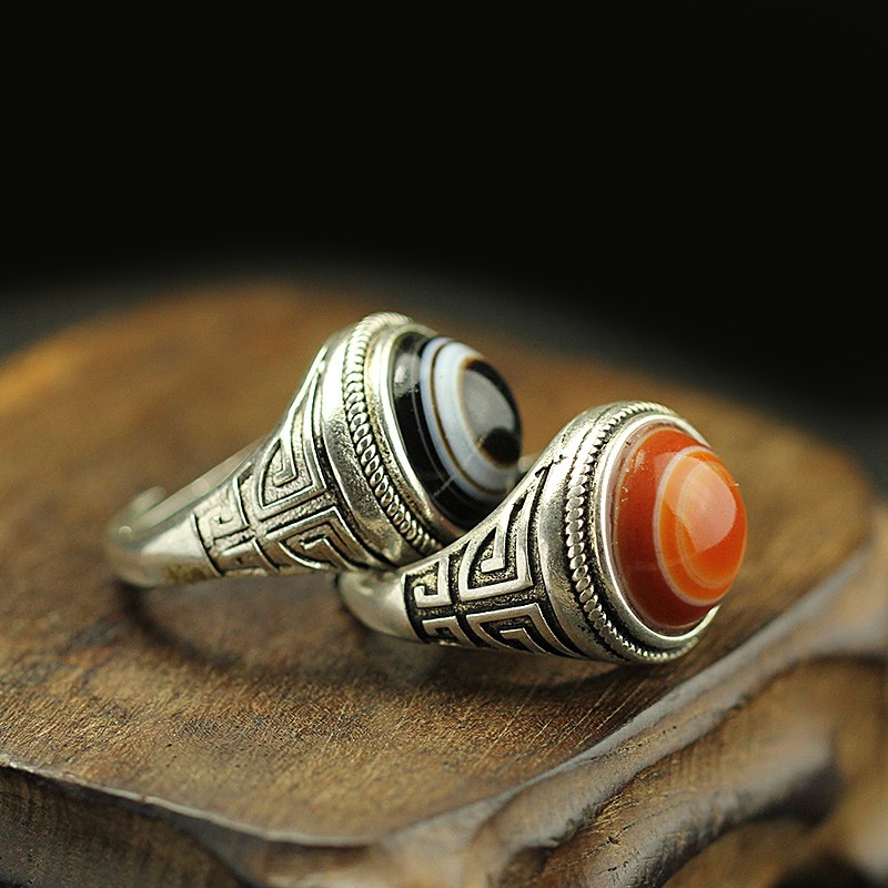 顶盈 天珠戒指 男士款真品西藏天眼石 大能藏银个性民族风镶嵌指环 拍