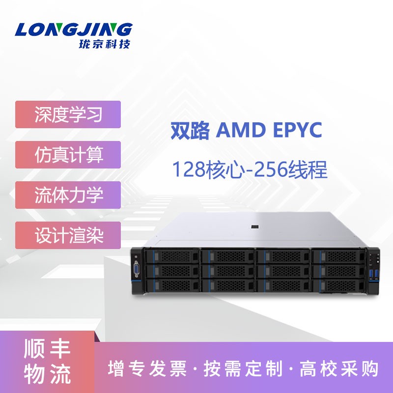 珑京 双路霄龙AMD EPYC 米兰7763 CPU计算2U机架式服务器有限元分析工作站 双路7763 128核心 256线程 2.45G 64G内存 + 1T固态