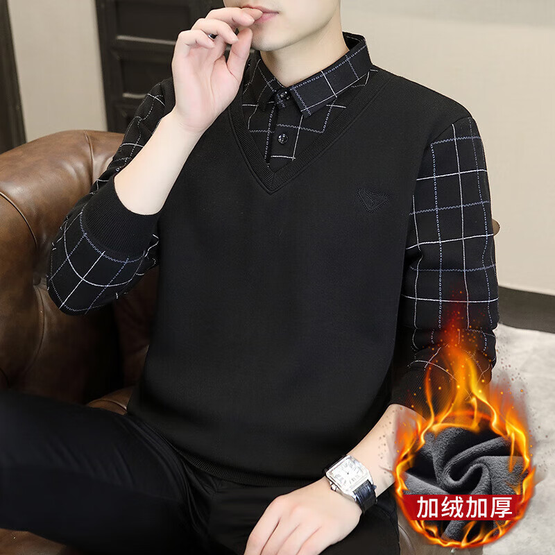 卡柏奇加绒假两件针织衫男冬季新款韩版一体绒衬衫领套头毛衣休闲线衣 黑色 M