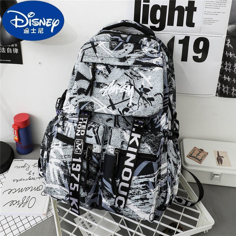 迪士尼（Disney）書包男大學(xué)生大容量高中初中生潮牌時(shí)尚百搭涂鴉雙肩包背包女ins背著不累的 灰色(不帶掛件)