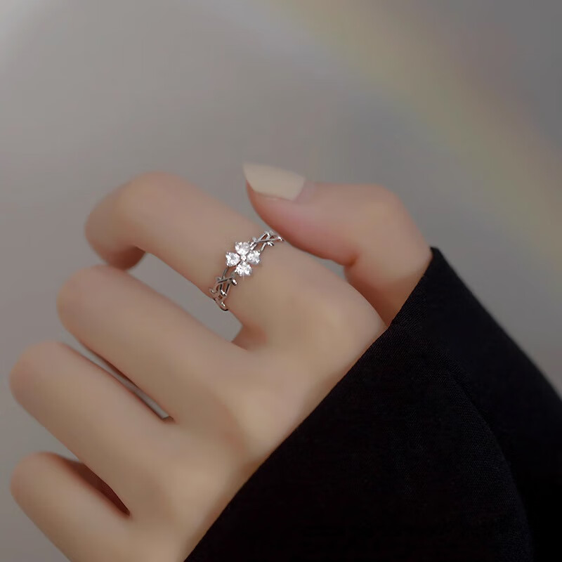 苏十六999银四叶草戒指女时尚个性可调节食指戒指环生日礼物送女友老婆 四叶草戒指