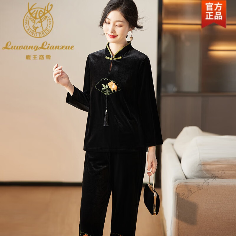 鹿王恋雪妈妈秋装真丝绒套装40岁50中老年金丝绒刺绣上衣休闲直筒裤两