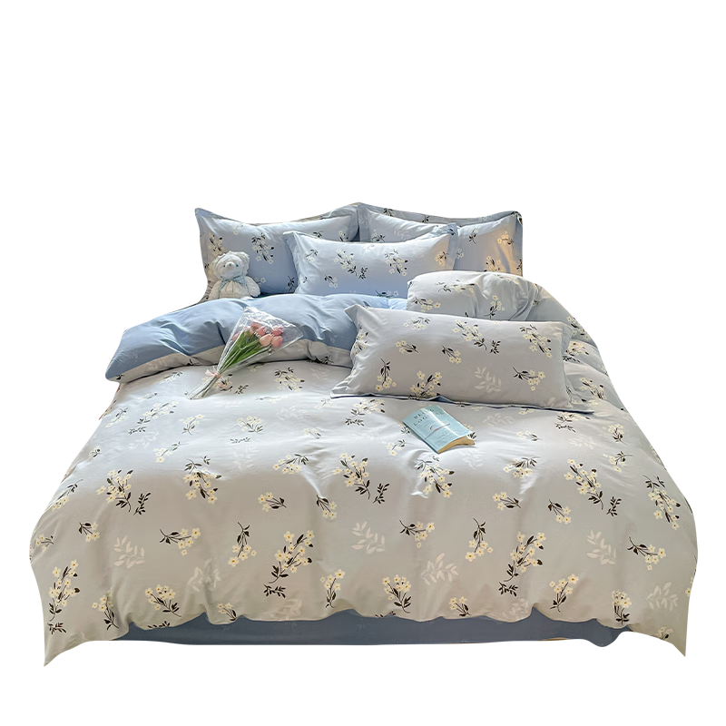 潔麗雅100%全棉被套印花純棉套件床上用品四件套單雙人學(xué)生宿舍三件套 那年花開（100%新疆精梳綿） 1.2m床單款三件套-【150*200被芯】