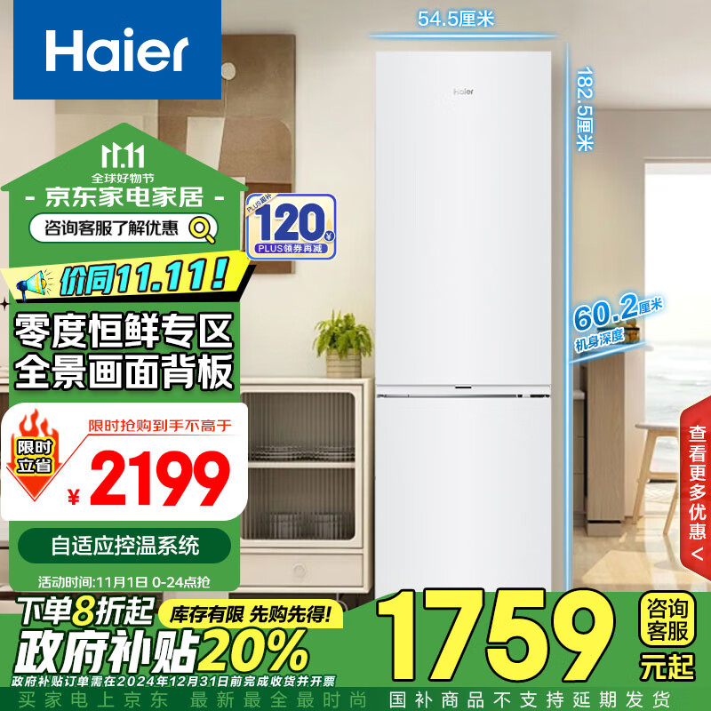 海尔（Haier）285升风冷无霜二门两门双开门一级能效节能小户型迷你家用电冰箱租房冷藏冷冻BCD-285WGHC2DEWV