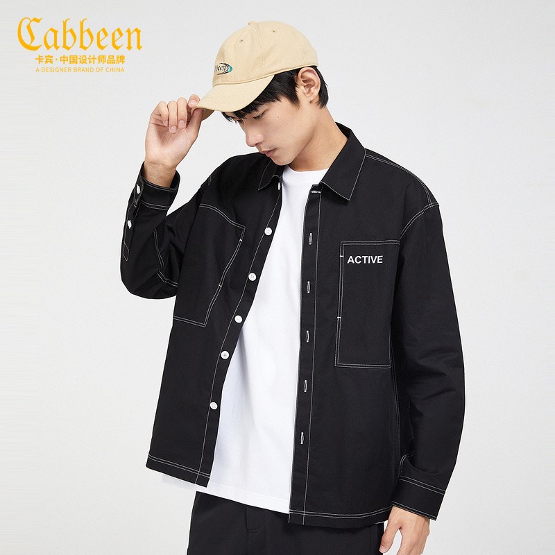 cabbeen/卡宾男装休闲长袖衬衫男上衣男士青年衣服潮流明线印花工装风