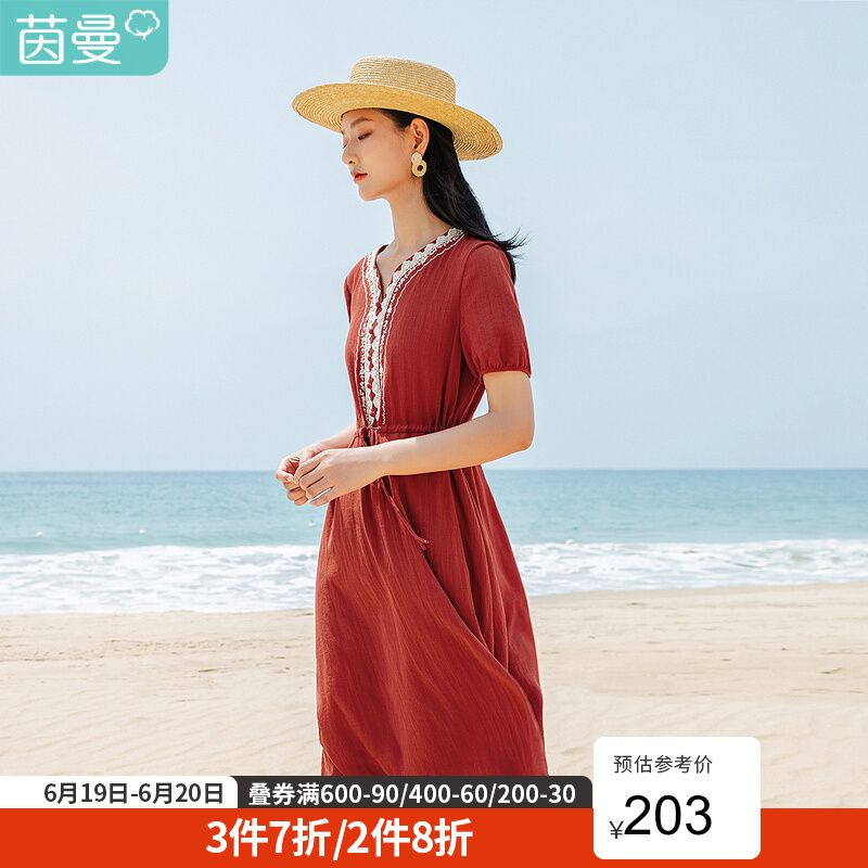 茵曼2021夏装新款桃心领圆扣装饰绣花边抽绳收腰A字型显瘦连衣裙【1812106】 果酱红 M