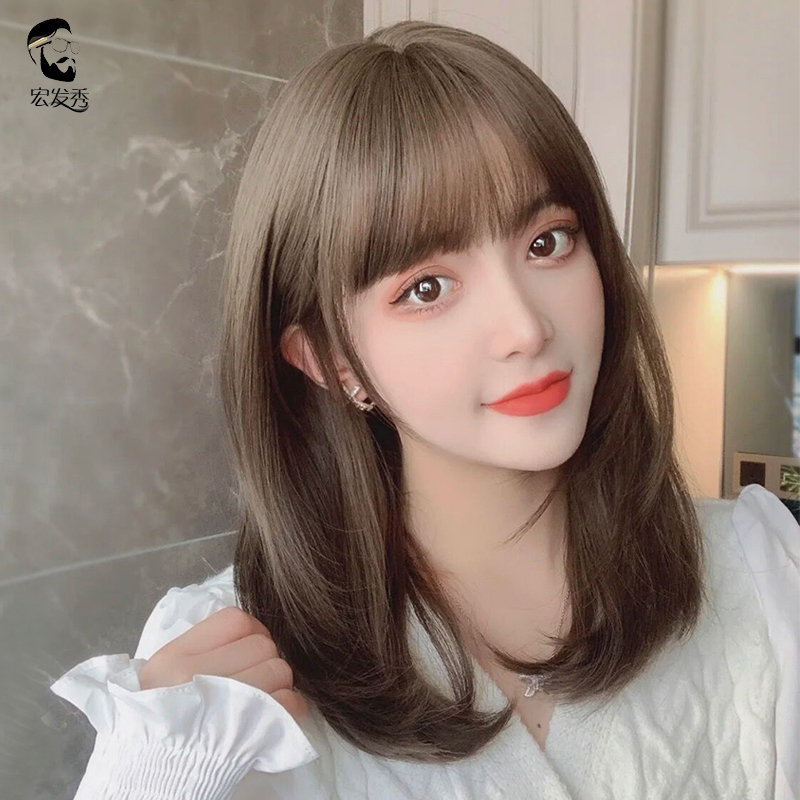 假发女中长发真发全头套自然时尚八字中分刘海内扣锁骨发整顶头套宏发