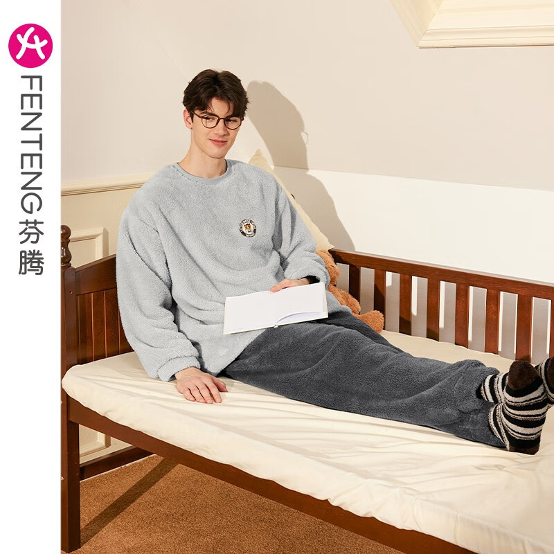 芬腾【羊羔绒】情侣睡衣女秋冬新款加厚珊瑚绒加大码家居服男套头套装 玛瑙灰【单男款】 2XL 建议:女145-160,男165-185斤