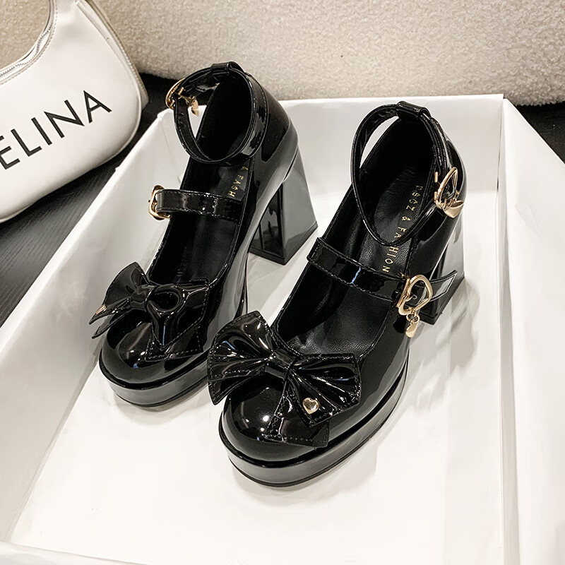 威洛丽塔鞋子复古玛丽珍小皮鞋女夏季2023洛丽塔高跟鞋粗跟日系 黑色