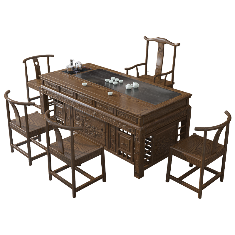 赣荣 新中式实木茶桌椅组合现代简约茶几茶具套装一体办公室功夫泡茶台 1.8米宰相茶桌+1围椅+4月牙椅