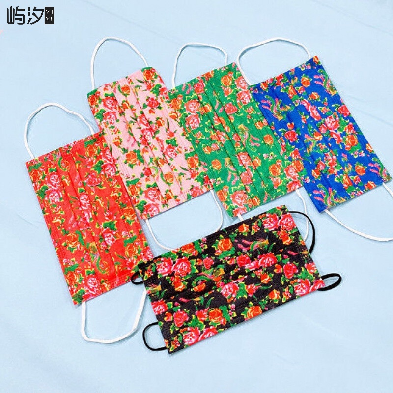 屿汐东北大花口罩东北大花印花口罩三层春夏季薄款透气含熔喷布时尚口