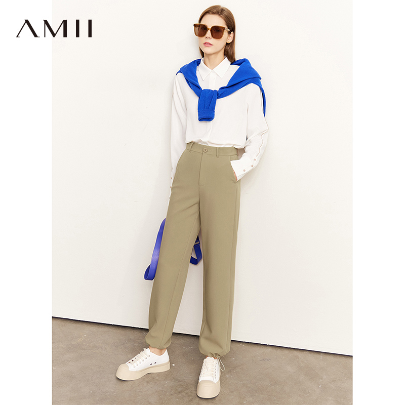 AMII女装2026春季新款通勤休闲裤黑色裤子女西装裤橡筋束脚 深卡其 M 160/68A