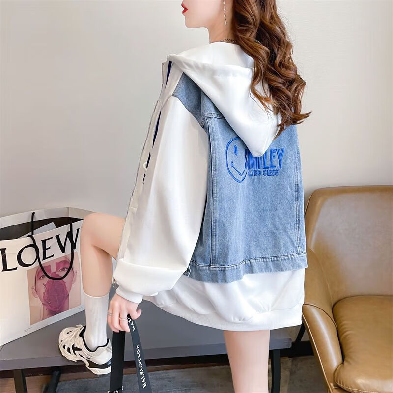 连帽外套女秋款外穿牛仔拼接薄款卫衣oversize宽松垂坠感慵懒 白色