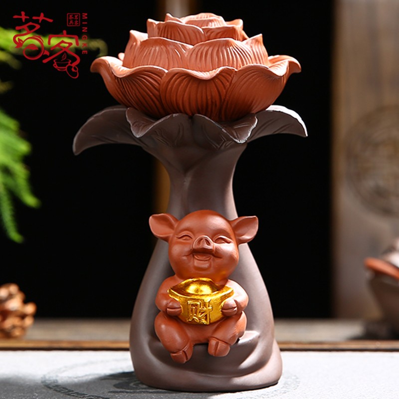 茗客沙弥小和尚茶漏茶滤茶叶过滤网禅意茶隔泡茶器紫砂滤茶器公道杯 财源滚滚猪茶漏+公道杯