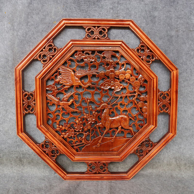 爱韵馨华礼品  东阳木雕八角形香樟木挂件仿古镂空客厅玄关装饰挂屏