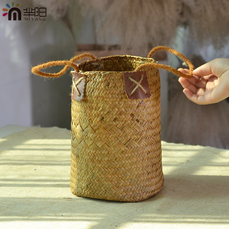 醉春木天然草编花篮海草编织篮子花瓶花盆大麦穗芦苇干花田园风装饰
