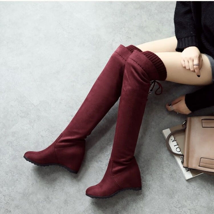 坡跟长靴子女过膝盖秋冬天穿的长筒靴春秋冬新款高筒长筒过膝靴子女
