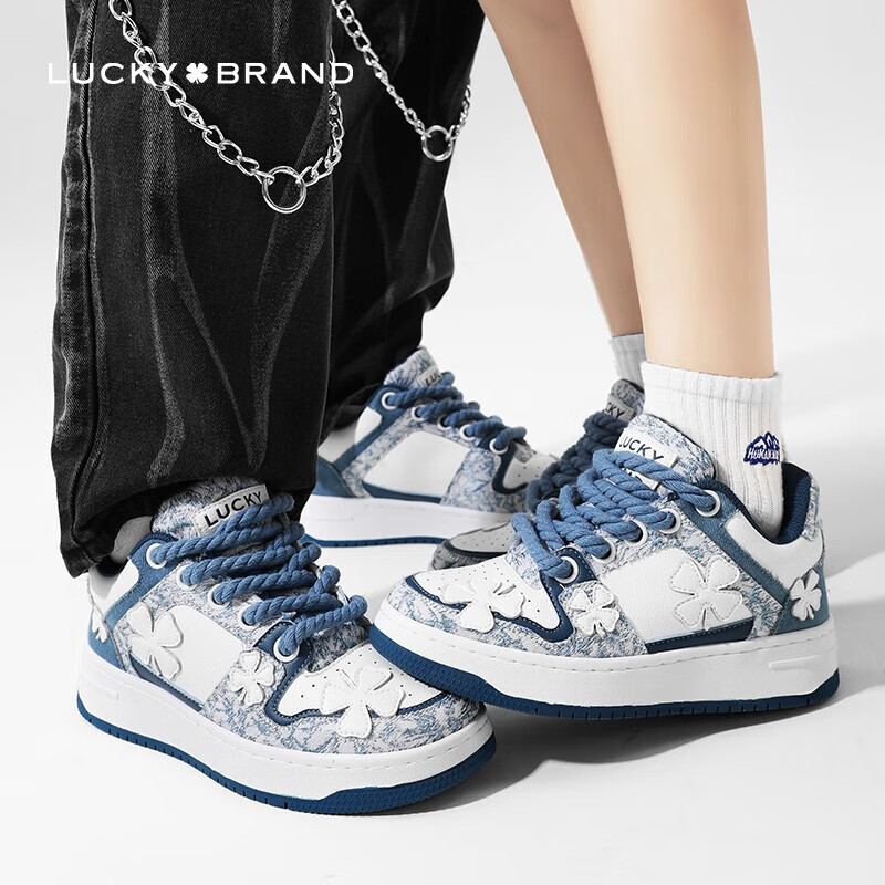 LUCKY BRAND【武艺同款】板鞋 情侣款女鞋四叶草运动鞋透气皮革男单鞋休闲鞋 【幸运四叶草】白蓝 42