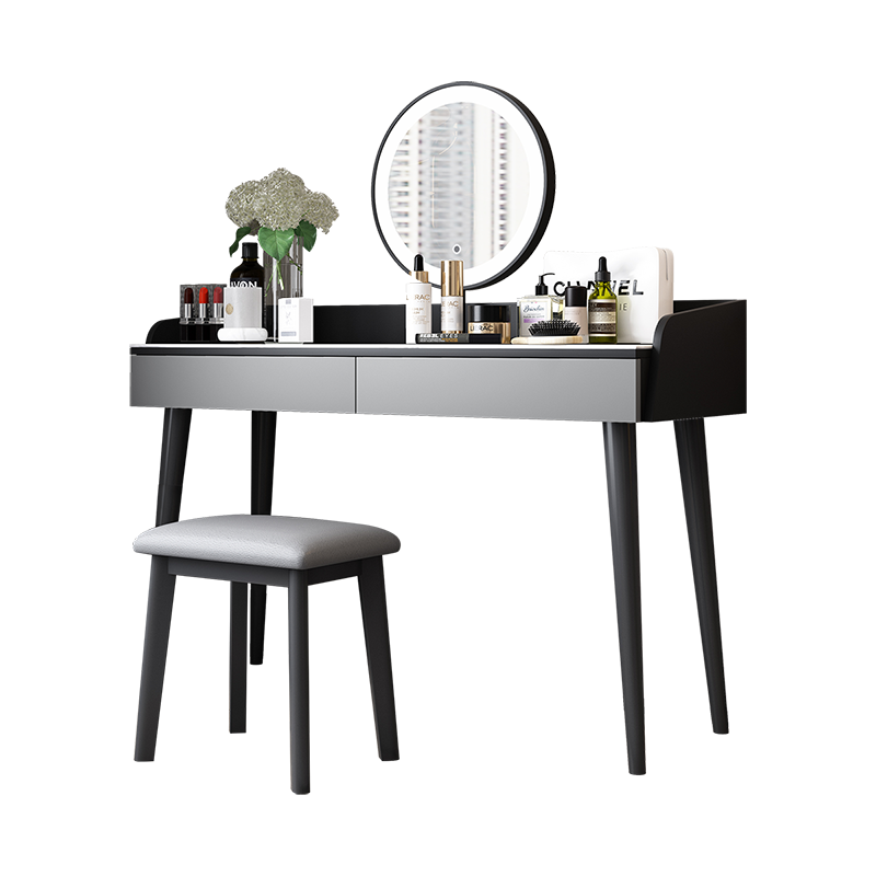 A家 意式极简梳妆台组合岩板桌面台面化妆台小户型ins风格网红卧室家具DF801B 梳妆台(100CM)+妆凳(灰色) 组装