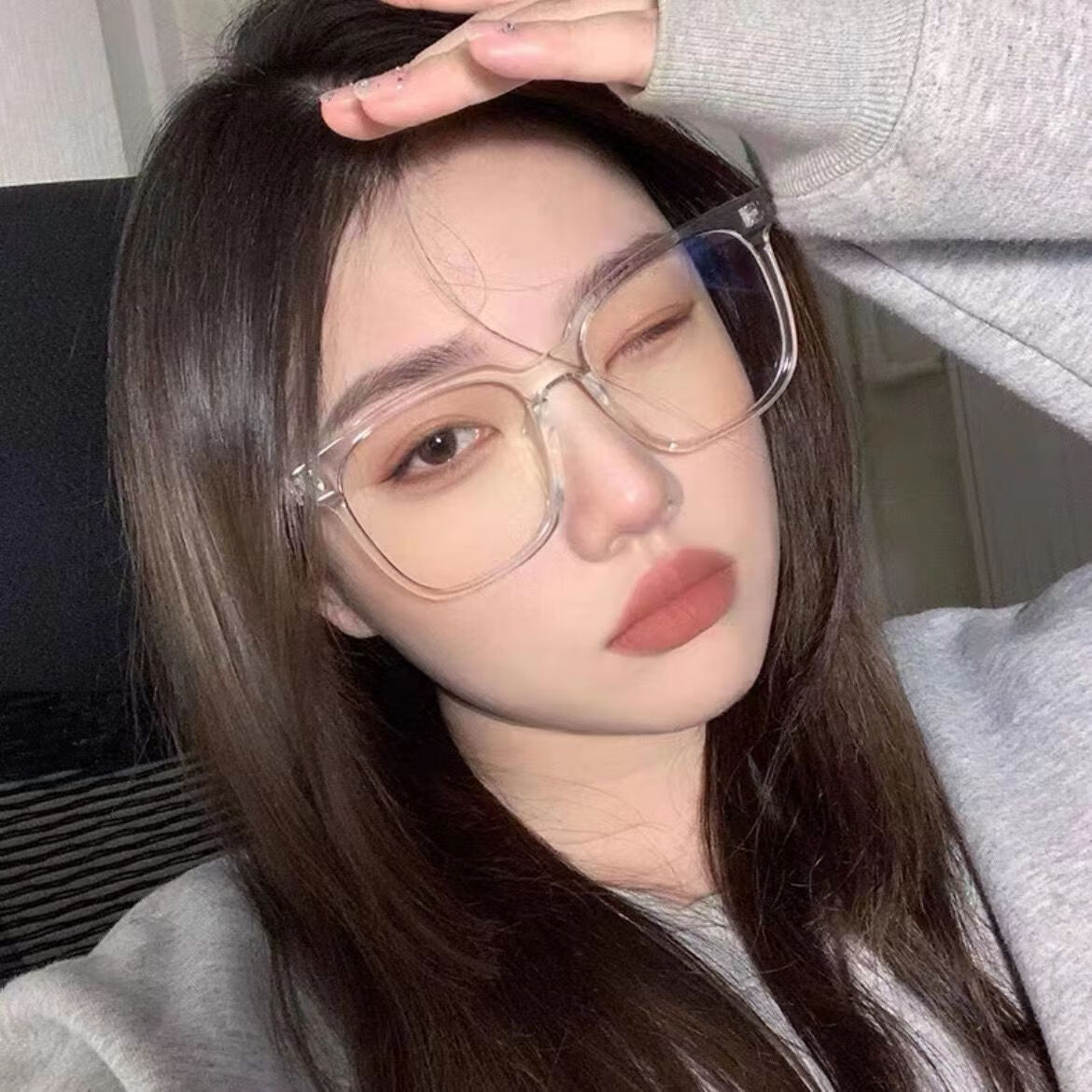 配近视眼镜渐变眼镜有度数学生韩版素颜大圆脸显瘦 透明白 近视150度