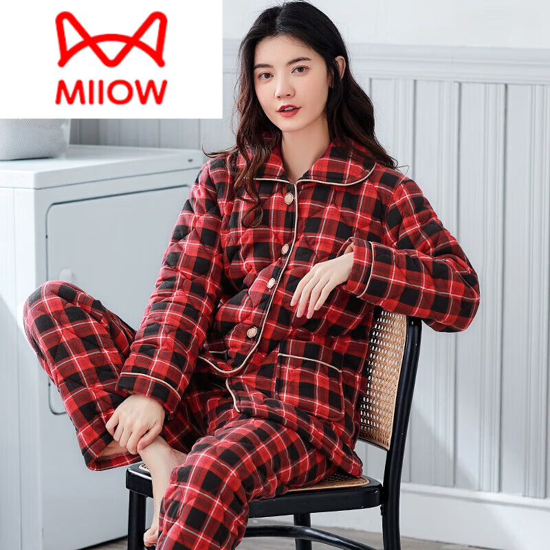 猫人（MiiOW）纯棉夹棉睡衣女冬季加厚三层保暖棉袄秋冬款大码中年家居服舒适 YD-1851 XL