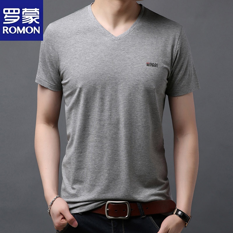 on)夏季新款男士短袖t恤v领双丝光棉中年爸爸装宽松薄款汗衫无领上衣