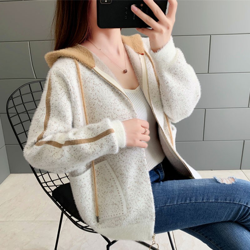 晗沫美衣 针织衫拉链外套女2022秋冬帽衫针织开衫撞色满天星加厚女士毛衣宽松显瘦上衣 HMZZ642 卡其 均码