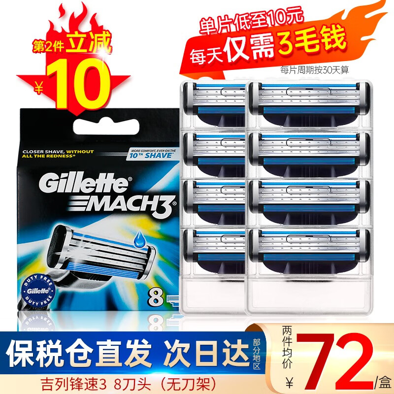 吉列(Gillette)【万人好评】吉列锋速3剃须刀手动刮胡刀片刀架 锋速3 8刀头三层刀片 仅10/每片属于什么档次？