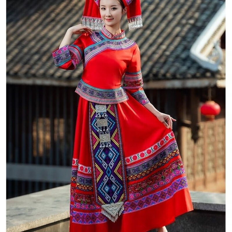 瑶族服装女成人广西壮族少数民族舞蹈演出服衣服土家族表演服饰 红色