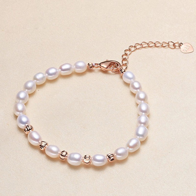 千楼珠宝 淡水珍珠手链 米形 超亮光泽  长度可调节16+4cm 颜色可选 送爱人送女友礼物 白色