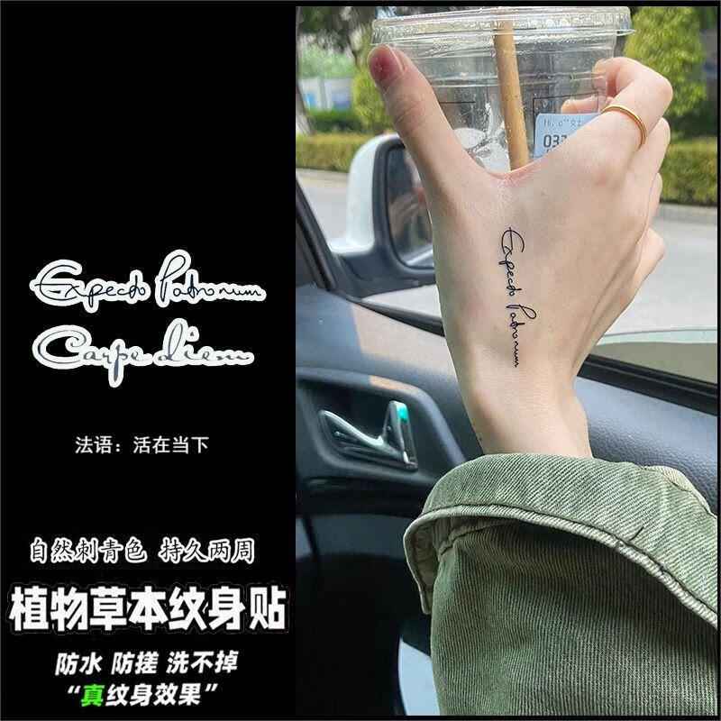 领迷风法语句子活在当下草本果汁纹身贴防水持久字母纹身贴纸逼真果汁