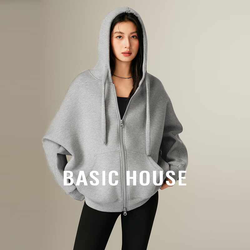 Basic House/百家好美式复古纯色连帽卫衣女秋季宽松拉链开衫外套 深灰 S 90-120斤