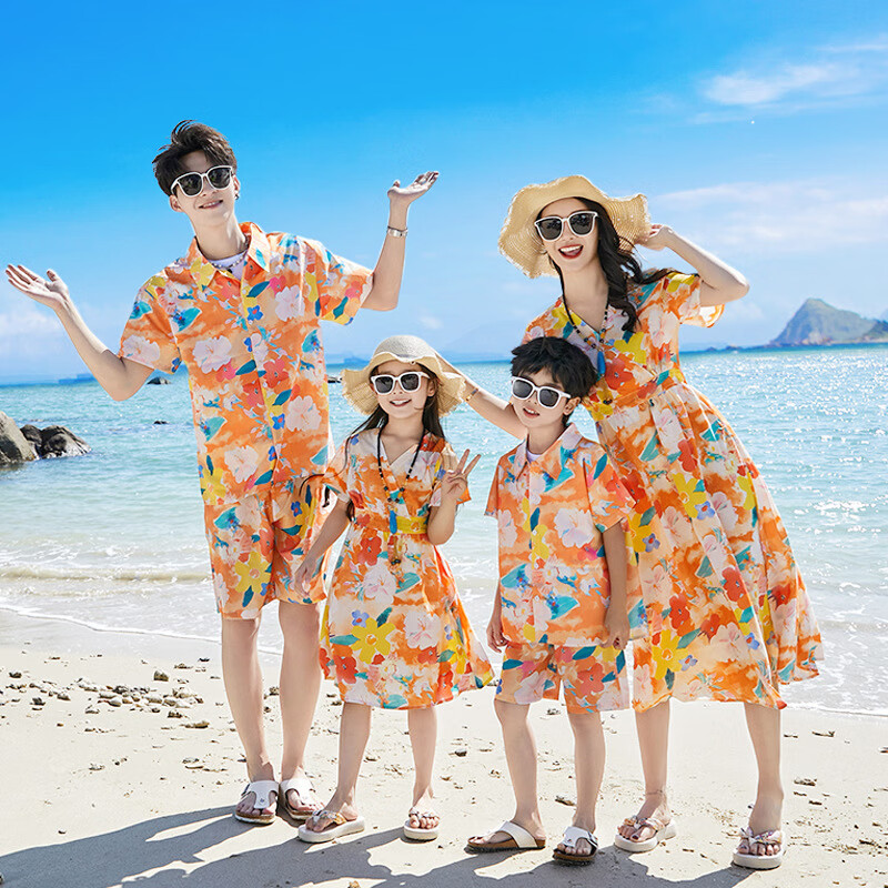布恩普網(wǎng)紅親子裝夏裝一家三口四口波西米亞母女連衣裙旅游度假沙灘套裝 男套裝女裙子 爸爸XL