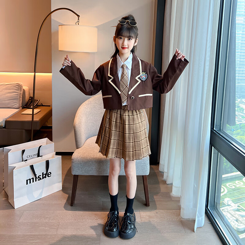 咖色西装三件套漂亮小学生小女生乐观活力百搭积极 140cm阳光日系乐观