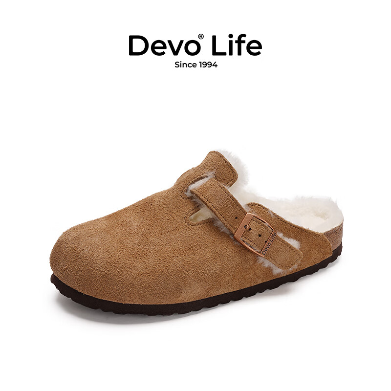 Devo Life的沃包头套脚毛毛拖鞋加绒内里软木半包半拖休闲情侣鞋66001 黄棕反绒皮+羊毛 38