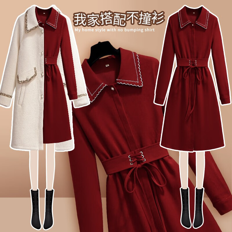 别致惊艳红色长袖连衣裙长袖漂亮冬季灯芯绒打底裙子新年拜年红裙62