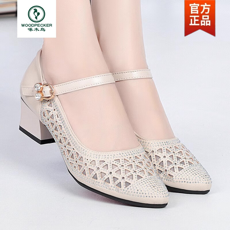 啄木鸟真皮网纱凉鞋女中跟夏季新款粗跟镂空单鞋中年妈妈女鞋软底 米