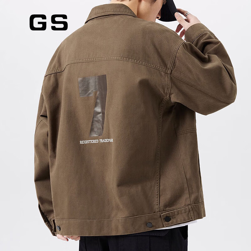 工装夹克外套男秋季新款时尚潮流宽松单排扣休闲男装上衣服 深卡其色