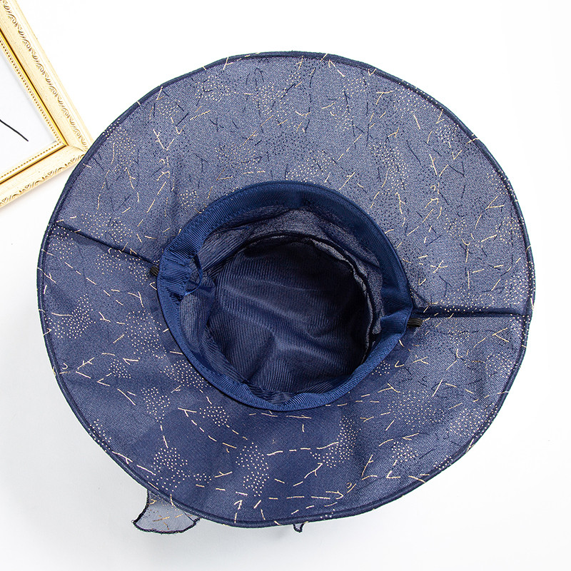 达芬奇密码 时尚欧根纱太阳帽女夏季遮脸防晒帽子适合圆脸薄遮阳帽 藏蓝 蝴蝶结 均码57cm