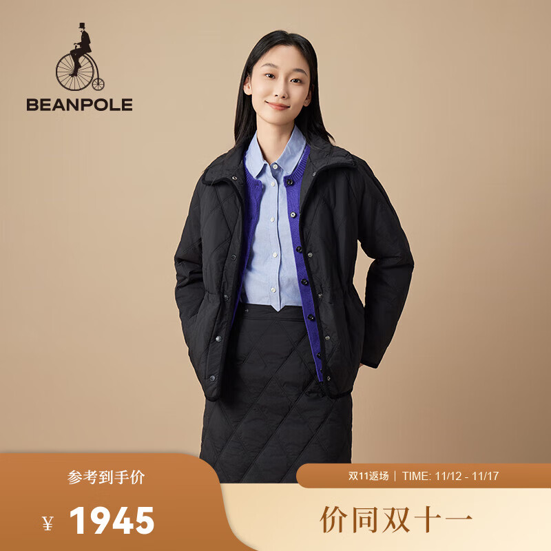 beanpole【新品】滨波  2024秋冬女士米色中长款菱格绗缝棉服 黑色 160/84A S