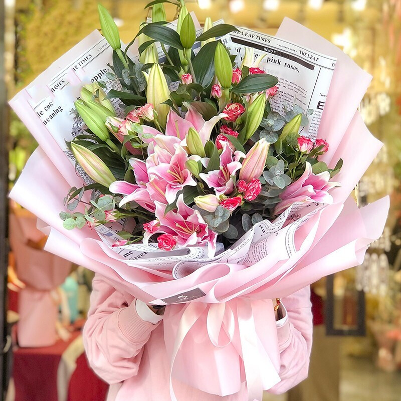 简值了520情人节同城配送粉百合多头玫瑰混搭花束生日礼物探望拜访