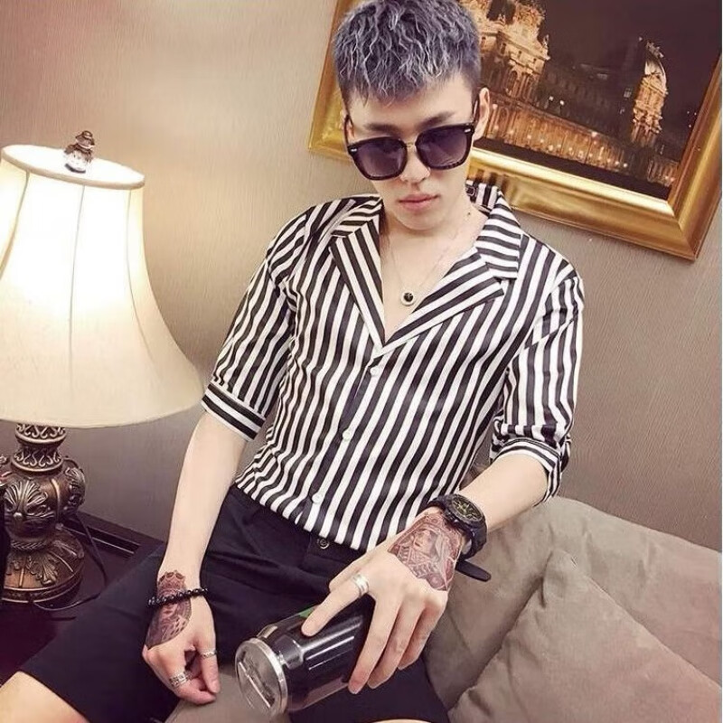 师社会人网红条纹衬衫男中袖衬衣短袖潮流夏装 翻领条纹衬衫 黑白条 s