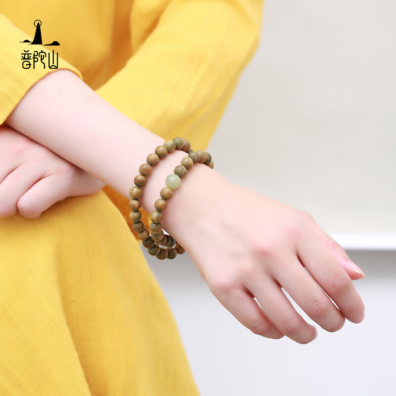 普陀山【正品保真】绿檀木和田玉双圈手串文玩多圈念珠文玩盘玩礼物 【普陀山官方直发】绿檀木和田玉 6mm