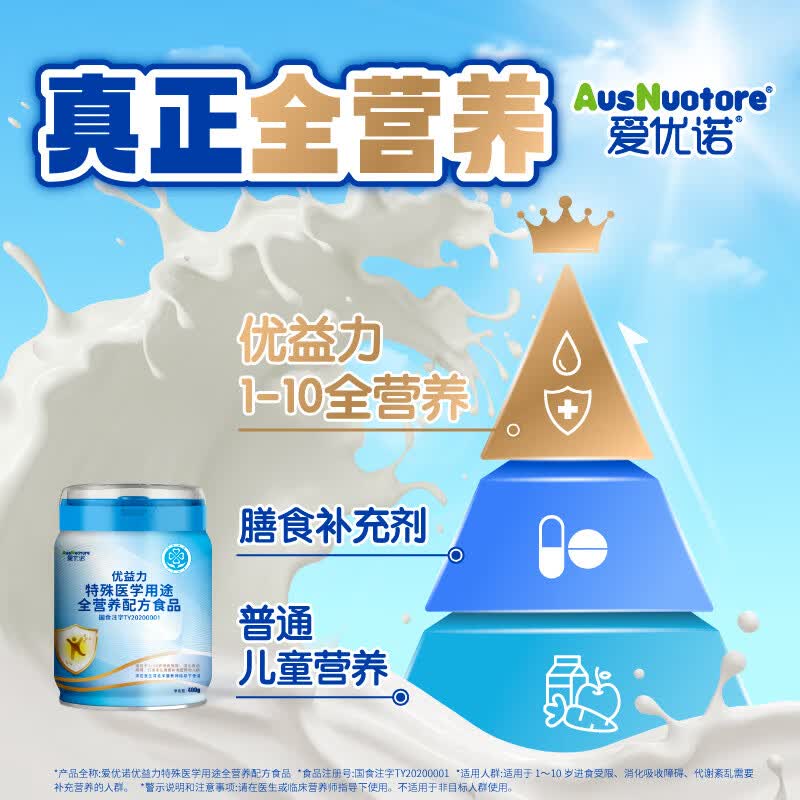 爱优诺优益力特殊医学用途全营养配方粉400克 儿童营养补充 适用于1-10岁进食受限消化障碍代谢紊乱人群 6罐