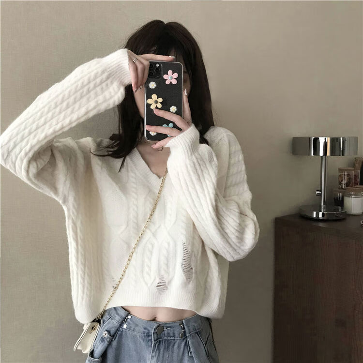 秋冬款开胸针织衫女款女士开身毛衣开胸毛线衣白色针织衫短款毛衣女