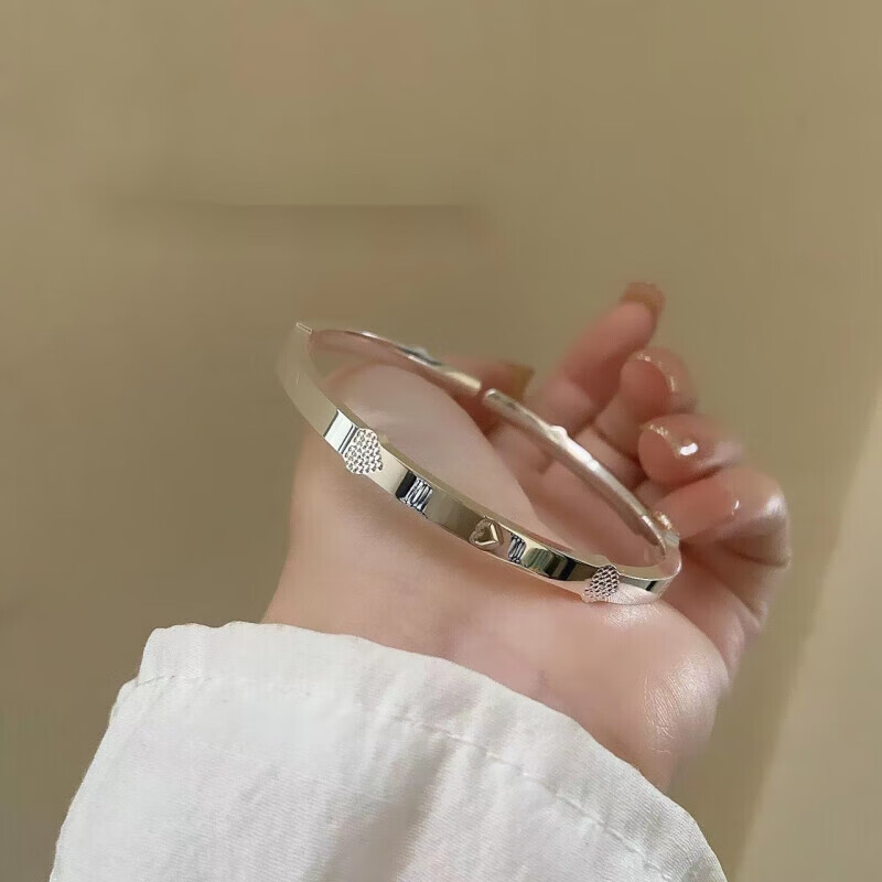 君别(junbie)生日礼物爱心银手镯女999足银心心相印年轻款银镯子实心